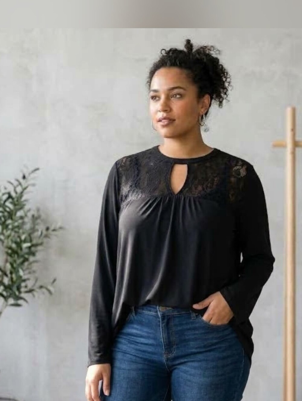 London Times Black Lace Yoke Keyhole Blouse Long Sleeve Sheer Floral Size L